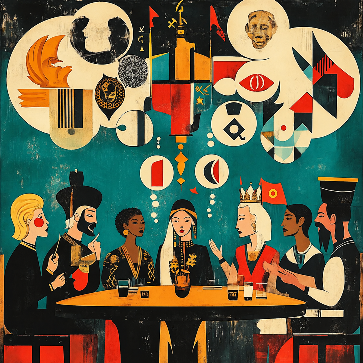 An illustrated gathering of people from different cultures sharing conversation